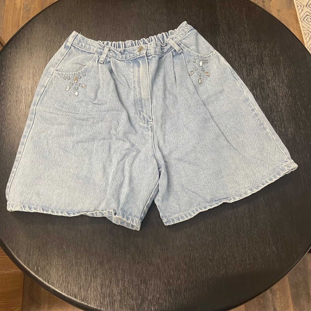 Vintage Blue Acid Wash Embellished Mom Shorts Size XL